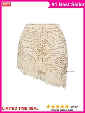 Crochet Fringe Beach Cover Up Skirt Sheer Tie Front Boho Swimwear
